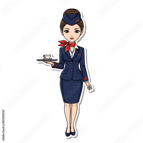 Cartoon Female Flight Attendant Holding Coffee.