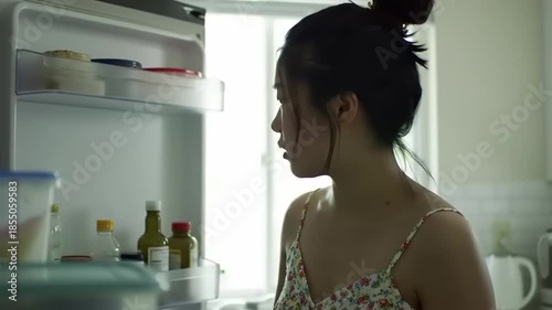 Young woman looking for food inside an open refrigerator.