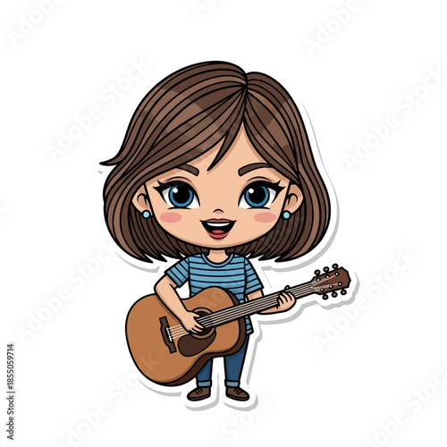 Cartoon Girl Playing Acoustic Guitar.