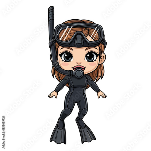 Cartoon Girl Snorkeling in Black Wetsuit.