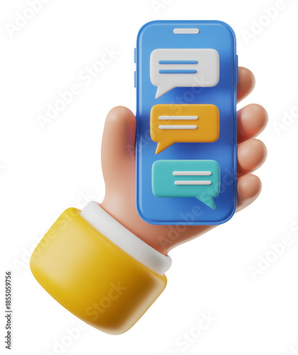 3D Smartphone with Colorful Message Bubbles Representing Communication and Texting