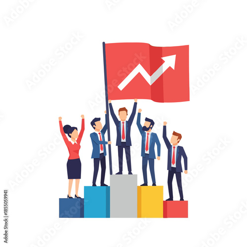 A triumphant business team stands on a geometric pedestal raising a flag with an upward trend arrow, celebrating mutual corporate success in a vibrant, pure flat 2D vector illustration.
