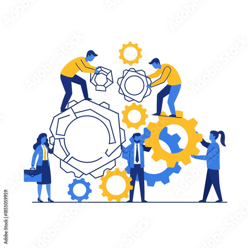 Business characters collaborate to turn oversized geometric gear mechanisms, visualizing operational workflow and interdependence in a clean 2D flat vector illustration.