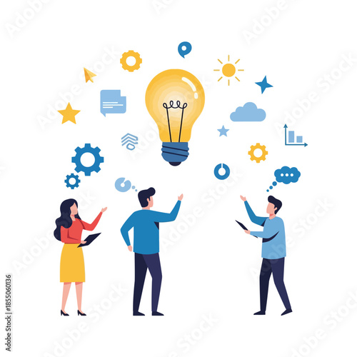 Wallpaper Mural A minimalist 2D flat vector illustration shows creative synergy and teamwork as three stylized people collaboratively contribute abstract symbols into a bright floating lightbulb. Torontodigital.ca