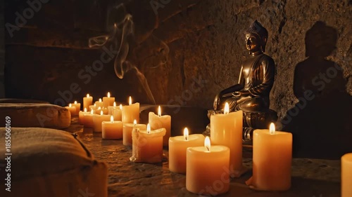 Meditative Buddha Statue with Candles in Stone Chamber