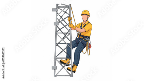 construction worker climbing ladder illustration with safety helmet, tool belt, and tall structure
