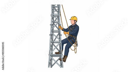 construction worker climbing ladder illustration with safety helmet, tool belt, and tall structure
