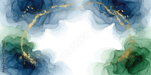 An abstract frame background with flowing blue and green alcohol ink and gold glitter accents