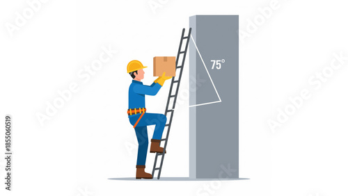 construction worker climbing ladder illustration with safety helmet, tool belt, and tall structure
