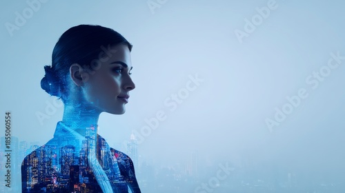 Businesswoman profile with cityscape overlay, representing innovative leadership, modern technology, and urban growth in a futuristic setting.