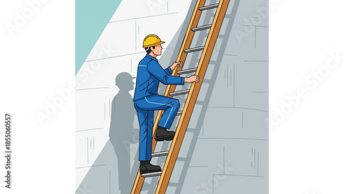 construction worker climbing ladder illustration with safety helmet, tool belt, and tall structure
