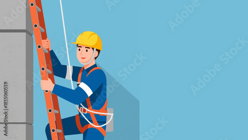 construction worker climbing ladder illustration with safety helmet, harness, and fall protection rope