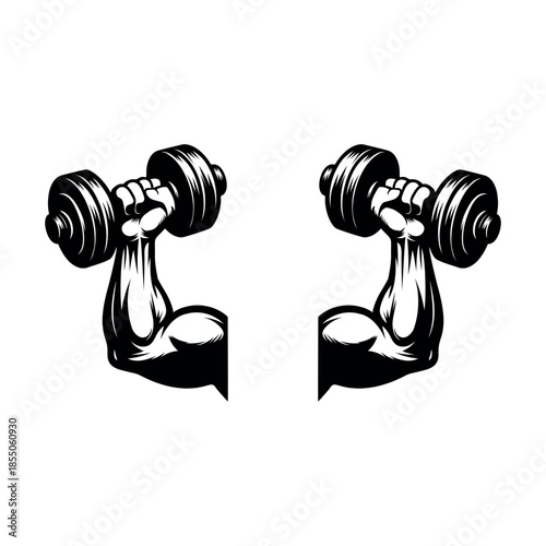 Isolated black and white illustration of a heavy metal dumbbell and barbell set for fitness training and bodybuilding strength workout