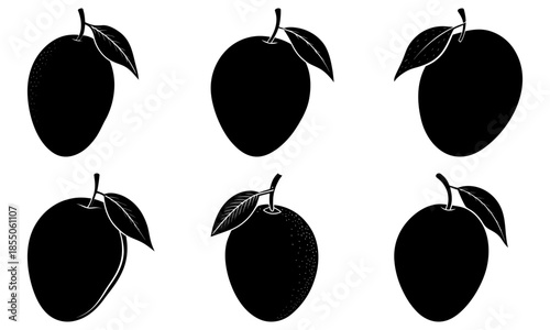Five Black Plums with Leaves on White Background fruit silhouette