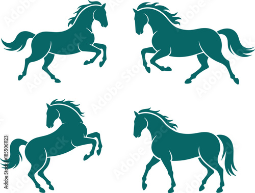 Colorful horse silhouettes illustration set, running and standing horses, minimalist flat vector design, equestrian symbols, isolated on white