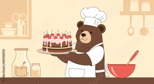 Happy cartoon bear character dressed as a chef proudly presents a freshly baked chocolate cake with cherries in a cozy kitchen setting.