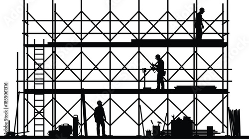 Construction workers silhouette on scaffolding at building site, industrial labor, safety, teamwork, architecture, development, engineering, urban construction concept