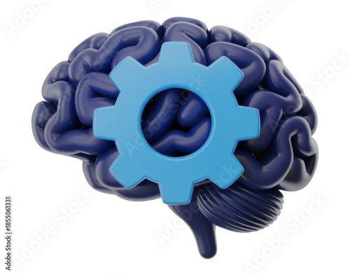 3D Render of Brain and Gear Design Representing Thought Processes and Technology
