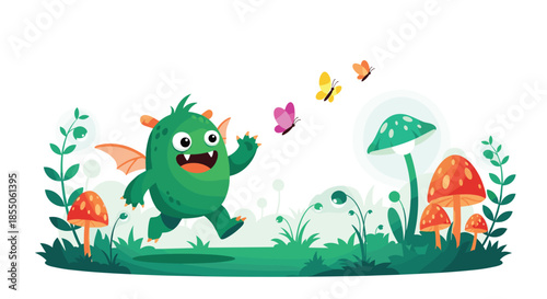 Playful green monster with small wings joyfully chases colorful butterflies in a magical forest with glowing mushrooms and lush plants.