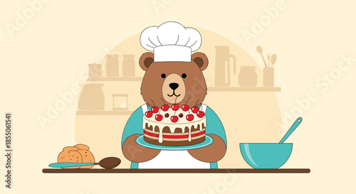 A cartoon bear wearing a chef's hat and apron proudly holds up a beautifully decorated layer cake with cherries in a simple kitchen.