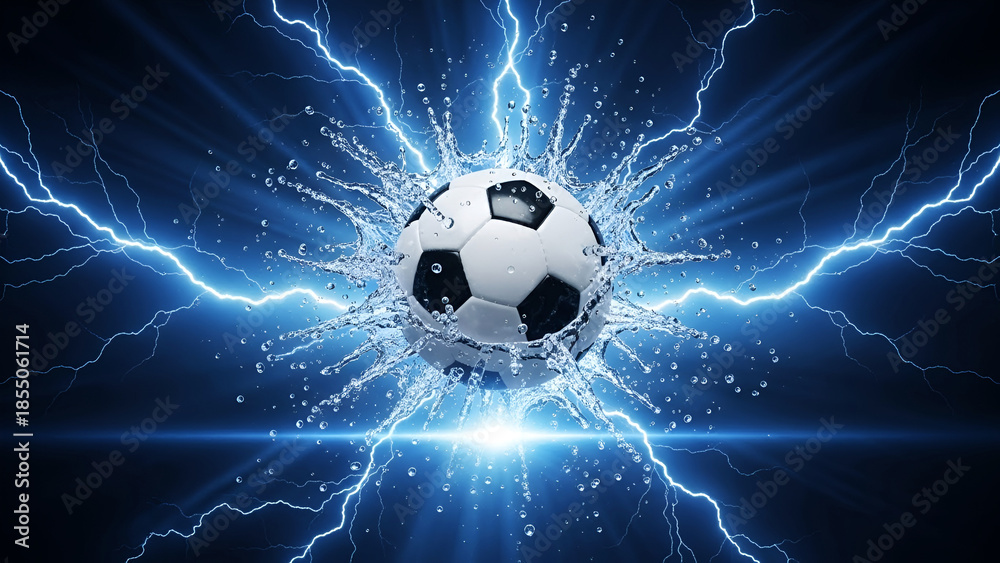 Naklejka premium Soccer ball with water splash and lightning strikes blue background football