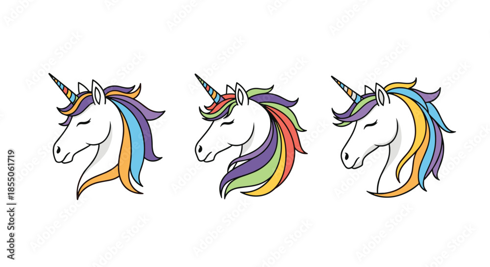 Obraz premium A set of three beautiful unicorn heads with closed eyes and flowing rainbow manes are illustrated against a clean white background.