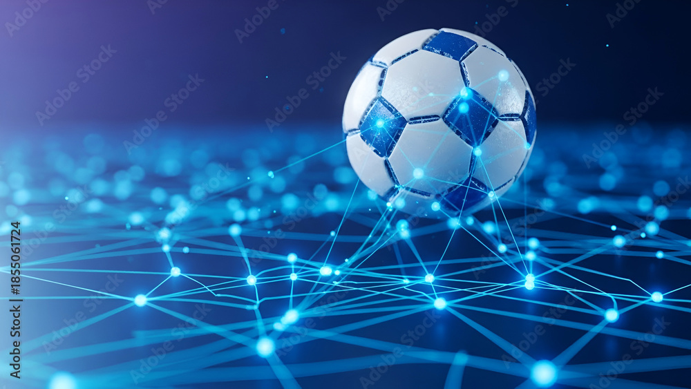 Naklejka premium Soccer ball with glowing blue digital network connections football sport