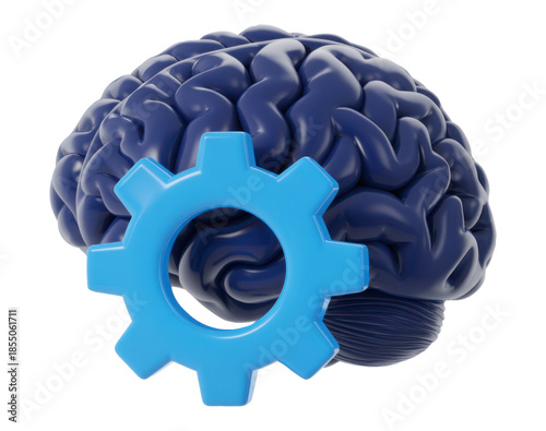 3D Brain and Gear Icon Representing Cognitive Function and Problem Solving