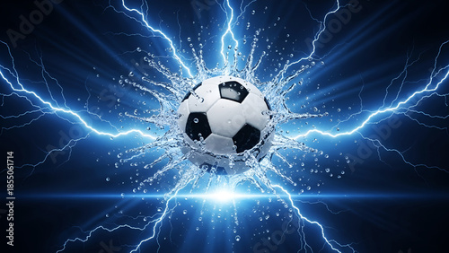 Soccer ball with water splash and lightning strikes blue background football