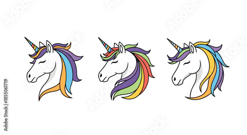A set of three beautiful unicorn heads with closed eyes and flowing rainbow manes are illustrated against a clean white background.