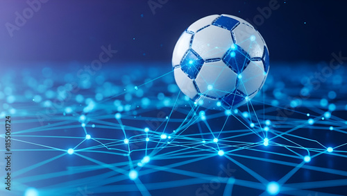 Soccer ball with glowing blue digital network connections football sport