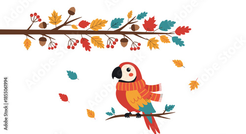 A colorful cartoon parrot wearing a scarf sits on a branch with falling autumn leaves against a simple and clean white background.