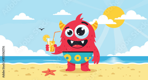 A cute red monster with horns and sharp teeth enjoys a refreshing citrus drink on a sunny beach during summer vacation.