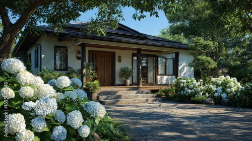 Luxury Garden Villa Exterior with Blooming Flowers, Lush Lawn, Palm Trees and Blue Sky in a Peaceful Forest Landscape
