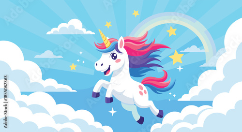 A joyful cartoon unicorn with a vibrant rainbow mane soars through a bright blue sky filled with fluffy clouds and stars.