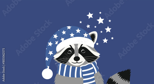 A charming raccoon wearing a blue starry nightcap and a matching striped scarf smiles against a dark blue starry background.