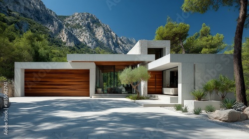 Beautiful Winter Mountain House Exterior with Snow Covered Roof Front Garden Blue Sky and Cozy Family Home Architecture