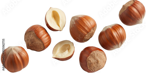 Hazelnuts and hazelnut kernels floating on black floating hazelnuts isolated on a transparent background
