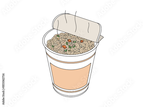 Steaming Cup of Instant Noodles with Open Lid Quick Meal Concept