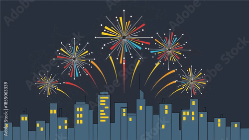 Bright fireworks lighting up the city skyline at night during a joyful holiday celebration