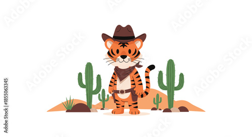 Cute cartoon tiger dressed as a brave cowboy with a hat and gun stands in a desert landscape between two large cactus plants.