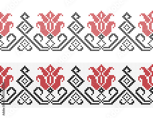 Embroidered cross stitch geometric floral seamless border pattern. Vector illustration