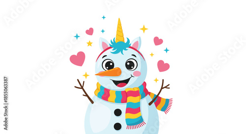 Festive snowman with a unicorn horn and a colorful scarf smiles happily while surrounded by pink hearts and stars on a white background.