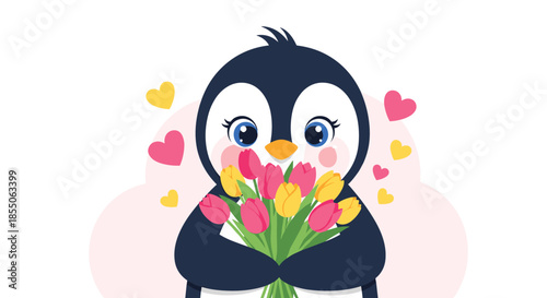 Shy and cute cartoon penguin with blushing cheeks holds a large bouquet of pink and yellow tulips with floating hearts in the background.