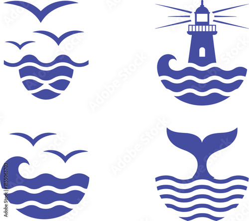 Minimal nautical logo icons set, lighthouse, ocean waves, seagulls and whale tail, marine symbols, flat vector illustration