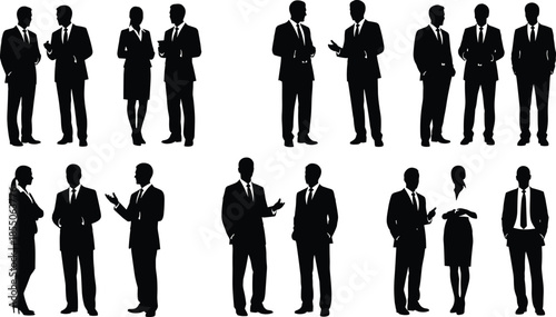 Collection of black silhouettes of business people in suits talking and networking isolated on white background for corporate office presentations.