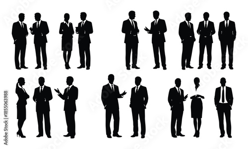 Collection of black silhouettes of business people in suits talking and networking isolated on white background for corporate office presentations.