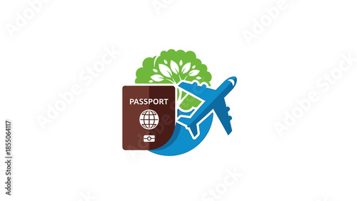 Eco Travel Concept: Passport, Airplane, Globe, and Green Tree Icon