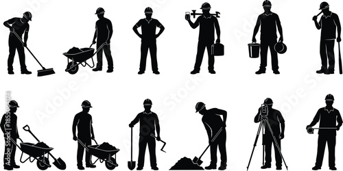 Collection of black silhouettes of construction workers and laborers with wheelbarrows and surveying equipment isolated on white background for industry.