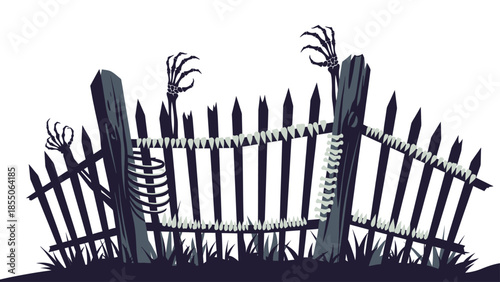 Spooky Halloween Fence with Skeleton Hands and Ribs Emerging from Grass